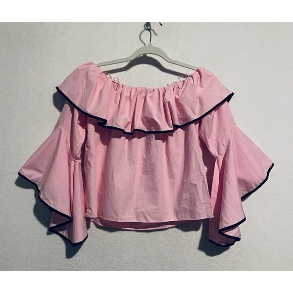 Zara Top Womens Medium Off the Shoulder Ruffle Bell Sleeve Cropped Pink Boho - Picture 5 of 8